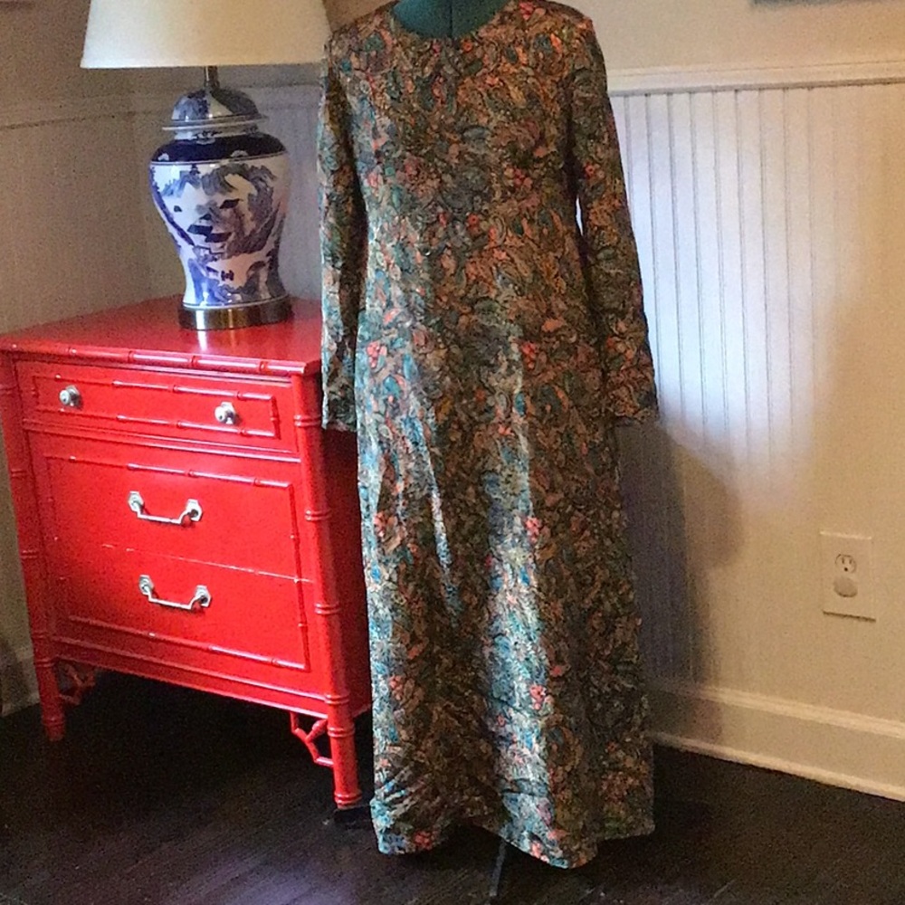 Maxi dress, paisley print, rich jewel tones, empire waist
